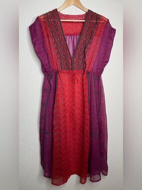 Natural Life Sheer Boho Midi Cover Up Red Purple Embroidered O/S Beach Festival
